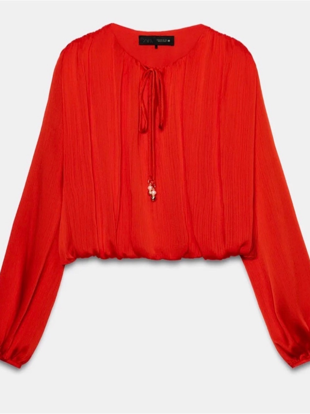 Zara Bold Red Long-Sleeve Peasant Blouse with Tie
